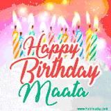 Bright birthday candles with rainbow flames on a cake, alongside the text 'Happy Birthday Maata' in vibrant script in this celebratory animated GIF.