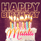 A colorful birthday cake topped with lit candles, with the words 'Happy Birthday Maata' in bold glowing letters on a burgundy background. Animated flames add a festive touch.