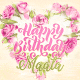 A stunning heart made of pink roses surrounds the elegant script text 'Happy Birthday Maata' on a soft beige background. Animated sparkles add a magical and festive feel.