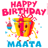 A vibrant and funny gift box character with a happy face dancing with a cupcake and the text 'Happy Birthday Maata,' surrounded by animated confetti and party vibes.