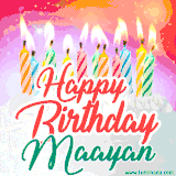 Bright birthday candles with rainbow flames on a cake, alongside the text 'Happy Birthday Maayan' in vibrant script in this celebratory animated GIF.