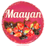 Beautifully decorated red velvet berry birthday cake with vibrant fruits and a glowing 'Maayan' name, adding a touch of sweetness and sparkle.