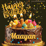 A delightful chocolate birthday cake with bright candles and 'Happy Birthday Maayan' written in gold amidst a shower of animated stars.