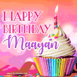 A vibrant birthday GIF featuring a rainbow-colored cupcake topped with white frosting, sprinkles, and a lit candle. The text reads 'Happy Birthday Maayan' in bold pink and violet letters with white outline.