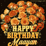 Animated bouquet of orange roses with moving butterfles and golden 'Happy Birthday Maayan' text, surrounded by sparkling accents and a dark backdrop for a luxurious feel.