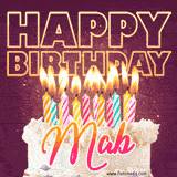 A colorful birthday cake topped with lit candles, with the words 'Happy Birthday Mab' in bold glowing letters on a burgundy background. Animated flames add a festive touch.