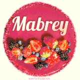 Beautifully decorated red velvet berry birthday cake with vibrant fruits and a glowing 'Mabrey' name, adding a touch of sweetness and sparkle.