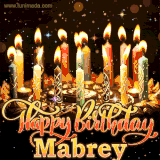 A glowing personalized birthday GIF with name Mabrey featuring lit candles with intricate designs, warm lighting, and the text 'Happy Birthday' in an elegant font.