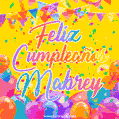 A bright and festive GIF with the text 'Feliz Cumpleaños Mabrey' in Spanish in colorful fonts, surrounded by confetti, balloons, and festive banners on a vibrant yellow background.