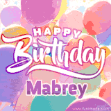 A vibrant name GIF featuring colorful balloons in shades of pink, orange, and yellow with the bold text 'Happy Birthday Mabrey' in festive fonts, creating a lively birthday vibe.