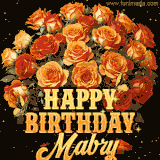 Animated bouquet of orange roses with moving butterfles and golden 'Happy Birthday Mabry' text, surrounded by sparkling accents and a dark backdrop for a luxurious feel.