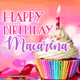 A vibrant birthday GIF featuring a rainbow-colored cupcake topped with white frosting, sprinkles, and a lit candle. The text reads 'Happy Birthday Macarena' in bold pink and violet letters with white outline.