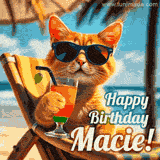 An animated orange cat wearing sunglasses, sitting on a beach chair with a tropical drink, with a festive 'Happy Birthday Macie!' message.
