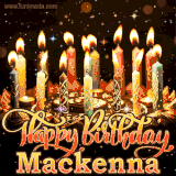 A glowing personalized birthday GIF with name Mackenna featuring lit candles with intricate designs, warm lighting, and the text 'Happy Birthday' in an elegant font.