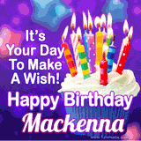 A colorful birthday GIF for Mackenna featuring a cupcake with vibrant lit candles and the text 'It's Your Day to Make a Wish! Happy Birthday Mackenna' in bold letters on a festive purple background.