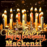 A glowing personalized birthday GIF with name Mackenzi featuring lit candles with intricate designs, warm lighting, and the text 'Happy Birthday' in an elegant font.