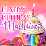 A vibrant birthday GIF featuring a rainbow-colored cupcake topped with white frosting, sprinkles, and a lit candle. The text reads 'Happy Birthday Mackenzi' in bold pink and violet letters with white outline.
