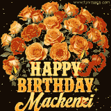 Animated bouquet of orange roses with moving butterfles and golden 'Happy Birthday Mackenzi' text, surrounded by sparkling accents and a dark backdrop for a luxurious feel.