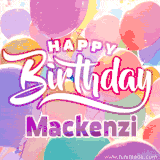 A vibrant name GIF featuring colorful balloons in shades of pink, orange, and yellow with the bold text 'Happy Birthday Mackenzi' in festive fonts, creating a lively birthday vibe.