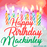 Bright birthday candles with rainbow flames on a cake, alongside the text 'Happy Birthday Mackinley' in vibrant script in this celebratory animated GIF.