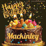 A delightful chocolate birthday cake with bright candles and 'Happy Birthday Mackinley' written in gold amidst a shower of animated stars.