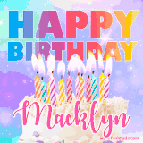 A vibrant animated name GIF with the words 'Happy Birthday Macklyn' with colorful candles on a creamy cake. The background sparkles with pastel shades, adding a festive touch.