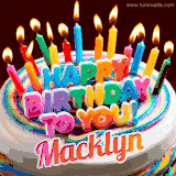 A colorful birthday cake topped with lit candles, with the words 'Happy Birthday Macklyn' in bold glowing letters on a burgundy background. Animated flames add a festive touch.