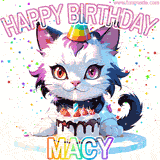 Adorable party-themed animated cat next to a lit birthday cake with text that says 'Happy Birthday Macy,' surrounded by colorful decorations and sparkles.