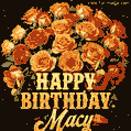 Beautiful bouquet of orange and red roses for Macy, golden inscription and twinkling stars