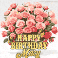 Birthday wishes to Macy with a charming GIF featuring pink roses, butterflies and golden quote