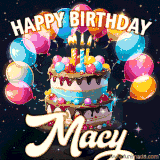 Bright birthday animation for Macy with a chocolate cake, candles, balloons, and glowing celebratory lights.