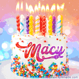 A cheerful white birthday cake with multicolor sprinkles, lit candles, and 'Macy' written in vibrant letters, in an animated GIF.