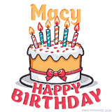 Cartoon birthday cake with a red bow, glowing candles, and 'Macy Happy Birthday' text in bold animated style.