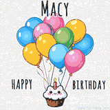 An adorable and cute cupcake with a smiley face and moving colorful balloons create a joyful birthday greeting for Macy in this cheerful animated greeting E-card.