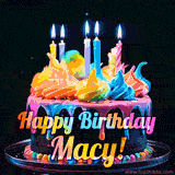 A mesmerizing animated cake with multicolor frosting and candles, and the words 'Happy Birthday Macy' on the black background.