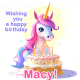 A cute moving unicorn with a birthday cake and candles, featuring 'Wishing you a happy birthday, Macy!' in colorful text.