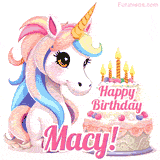 An adorable animated unicorn with soft pastel colors sits beside a birthday cake with glowing candles, and a pink 'Happy Birthday Macy!' words.