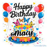 An animated birthday card for Macy. It features a festive cake with her name, 'Macy', and colorful butterflies. Floating balloons and hearts complete the joyful scene.