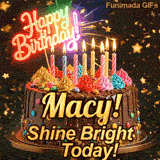 Cute chocolate cake animation with Macy's name, decorated with glowing birthday candles and multicolored icing.