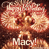 Cute gift box animation with the name Macy, featuring shiny balloons and spectacular golden fireworks.