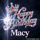 A luxury silver queen crown with colorful gems sitting on top of shiny diamond-encrusted cursive letters spelling Happy Birthday.Macy