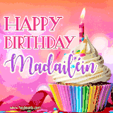 A vibrant birthday GIF featuring a rainbow-colored cupcake topped with white frosting, sprinkles, and a lit candle. The text reads 'Happy Birthday Madailéin' in bold pink and violet letters with white outline.