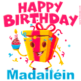 A vibrant and funny gift box character with a happy face dancing with a cupcake and the text 'Happy Birthday Madailéin,' surrounded by animated confetti and party vibes.