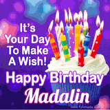 A colorful birthday GIF for Madalin featuring a cupcake with vibrant lit candles and the text 'It's Your Day to Make a Wish! Happy Birthday Madalin' in bold letters on a festive purple background.