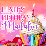 A vibrant birthday GIF featuring a rainbow-colored cupcake topped with white frosting, sprinkles, and a lit candle. The text reads 'Happy Birthday Madalin' in bold pink and violet letters with white outline.
