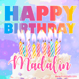 A vibrant animated name GIF with the words 'Happy Birthday Madalin' with colorful candles on a creamy cake. The background sparkles with pastel shades, adding a festive touch.