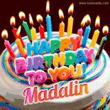 A colorful birthday cake topped with lit candles, with the words 'Happy Birthday Madalin' in bold glowing letters on a burgundy background. Animated flames add a festive touch.