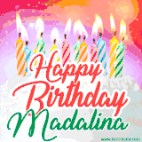 Bright birthday candles with rainbow flames on a cake, alongside the text 'Happy Birthday Madalina' in vibrant script in this celebratory animated GIF.