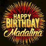 Golden 'Happy Birthday Madalina' text accompanied by animated rainbow fireworks for a festive animated greeting.