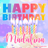 A vibrant animated name GIF with the words 'Happy Birthday Madalina' with colorful candles on a creamy cake. The background sparkles with pastel shades, adding a festive touch.